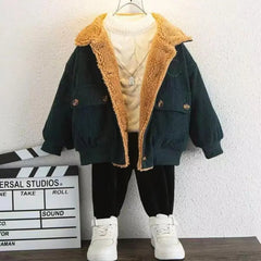 Corduroy Fur Coat For Boys Winter Jacket Lapel Plush Warm Outerwear