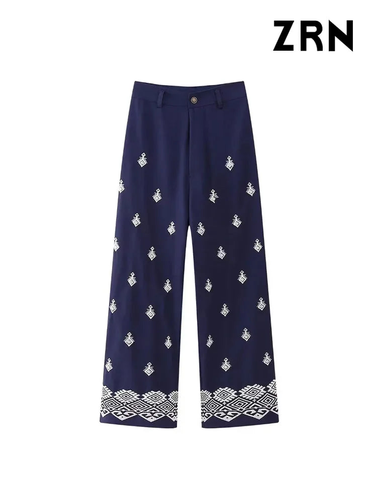 Women Fashion Embroidery Linen Straight Pants Vintage High Waist Zipper Fly Female