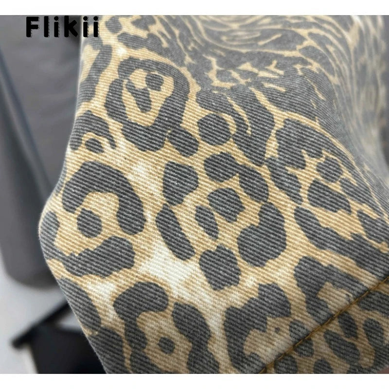 American Retro Leopard High Waist Baggy Jeans Women's Casual Pockets Hip-hop Pants