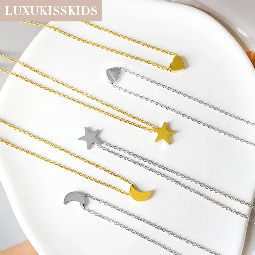 LUXUKISSKIDS Heart Star Moon Pendant Necklaces Tiny Charms Stainless Steel Choker Women/Girls Y2K Sweater Boho Jewelry Collares