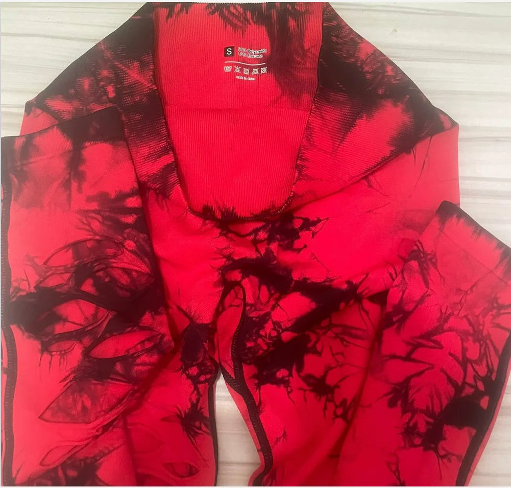 Women Tie Dye Hollow Out Leggings Sports Pants Fitness Sportswear Sexy High Waisted