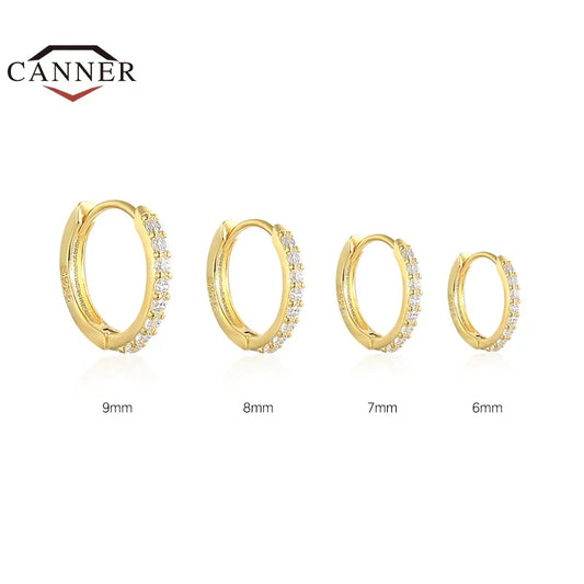 CANNER 6/7/8/9mm Real 925 Sterling Silver Zircon Hoop Earrings for Women Huggie Earring Piercing Earings Jewelry Pendientes