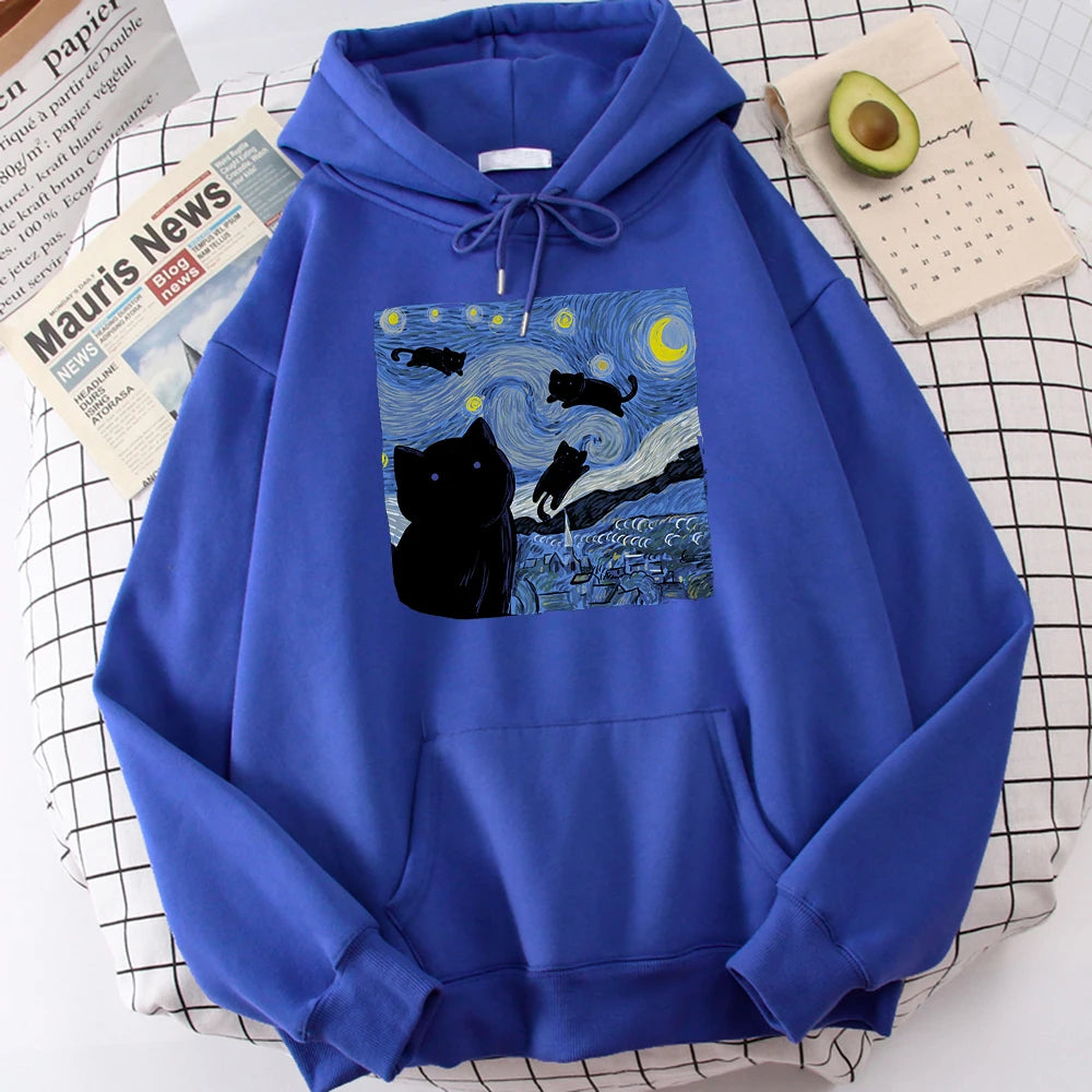 The Starry Cat Night Printing Hoodies Men Autumn Oversize Hoodie Fashion Fleece