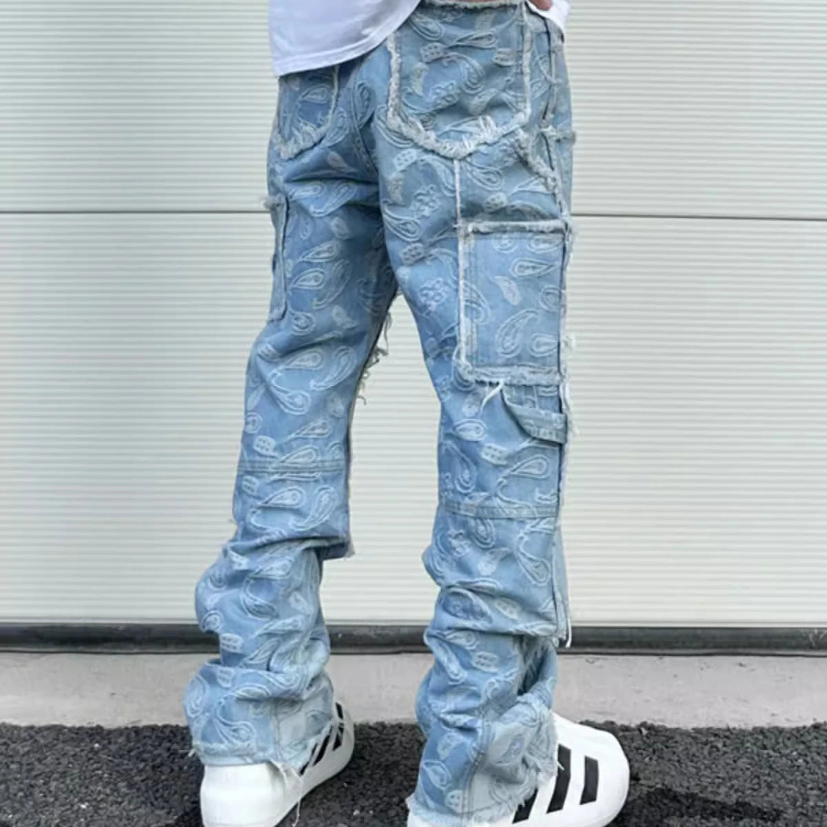 Y2k Frayed Urban Cashew Flower Full Print Patchwork Baggy Flare Jeans for Men Straight