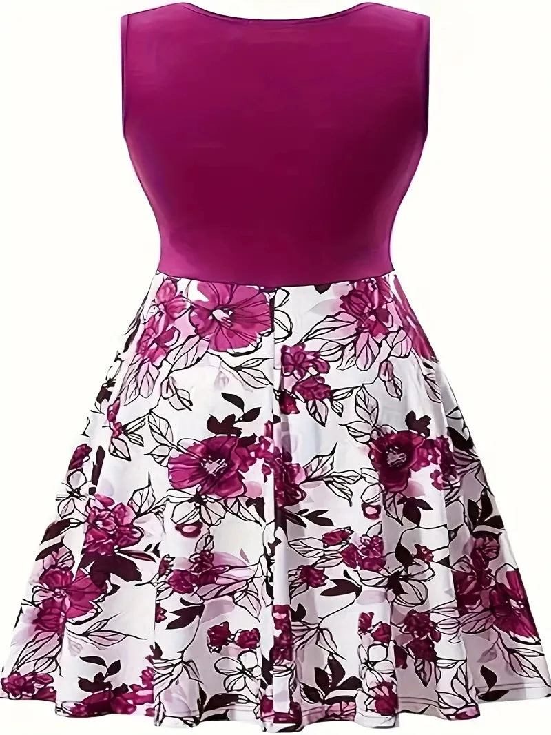 2024 Summer floral print patchwork, V-neck sleeveless mid-stretch, loose plus size dress