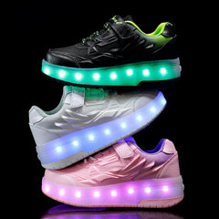 Children's Kids Boys Girls USB Charging Glowing Casual Sneakers Led Light Wheels Outdoor Parkour Roller Skate Shoes Sports