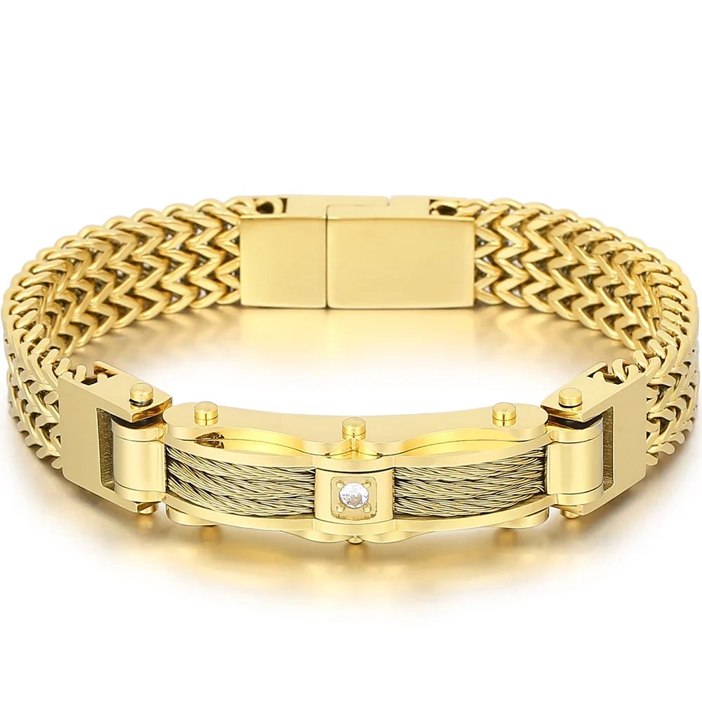Luxury Bracelet for Men Gold Color 12MM Wide Stainless Steel Square Franco Link Chain Men's Wrist Bracelets With Magnet Clasp