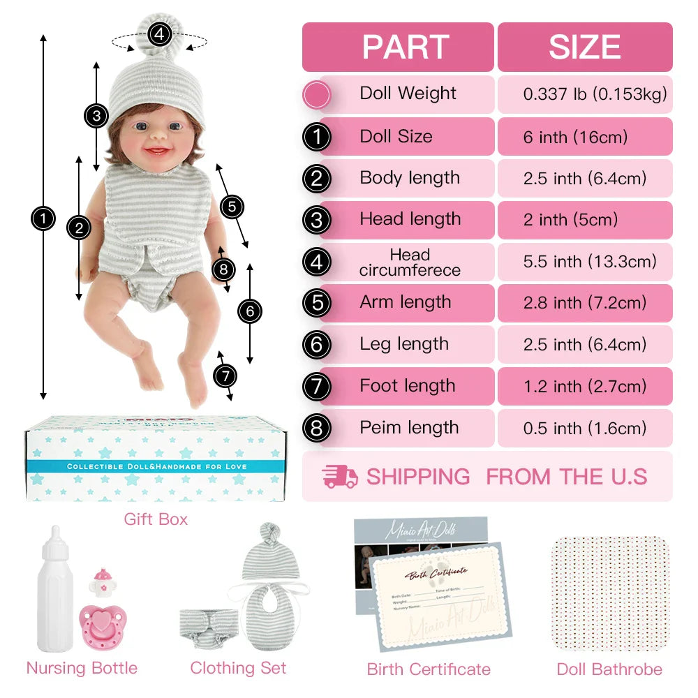 6" Micro Preemie Full Body Silicone Big Eyes  Doll "Mason" and "Mila"Lifelike Mini Reborn Bady Surprice Children Anti-Stress