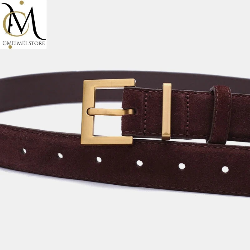 Trendy Cowhide Suede Belt for Women Casual Jeans Dress, Genuine Leather Belts with Square Alloy Buckle Waistband
