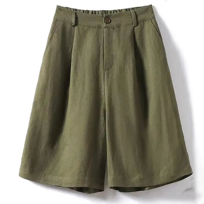 Cotton and Linen Shorts for Women Summer 2025 Loose High Waisted Wide Leg Pants Casual Versatile Solid Retro Straight Shorts