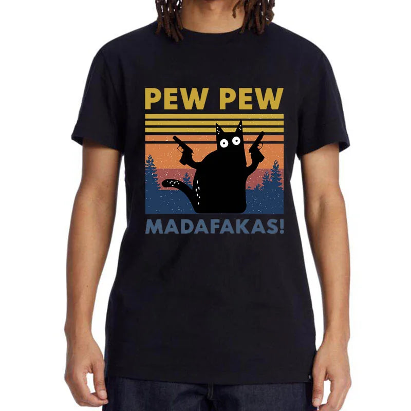 Pew Pew Madafakas Tshirt Men Short Sleeve Novelty Funny Cat T Shirt Cotton Loose Tops Shirts Tee T-Shirt Crew Neck Streetwear