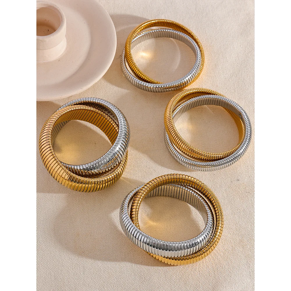 Yhpup Waterproof Stainless Steel Elastic Thick Metal Punk Bracelet Bangle 18K Gold Plated Fashion Women Trendy Jewelry Bijoux