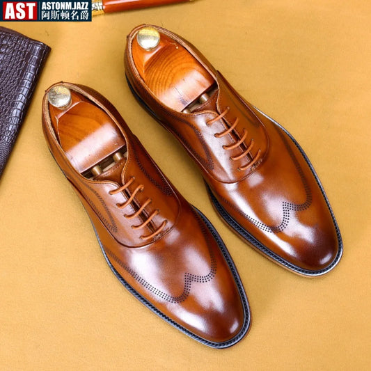 Men Oxford Brogue Genuine Leather Shoes Black Brown Classic Style Round Head Lace Up Formal Shoes Wedding Office Dress Shoes Men