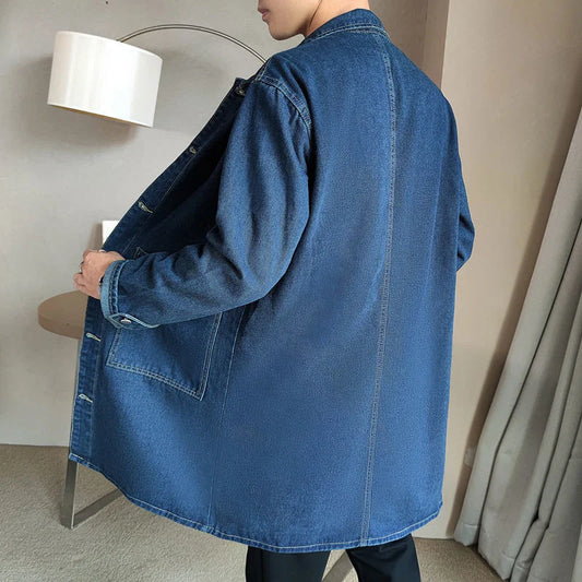 Mid-length Denim Windbreaker Jacket Men Spring Autumn Casual Trench Coat