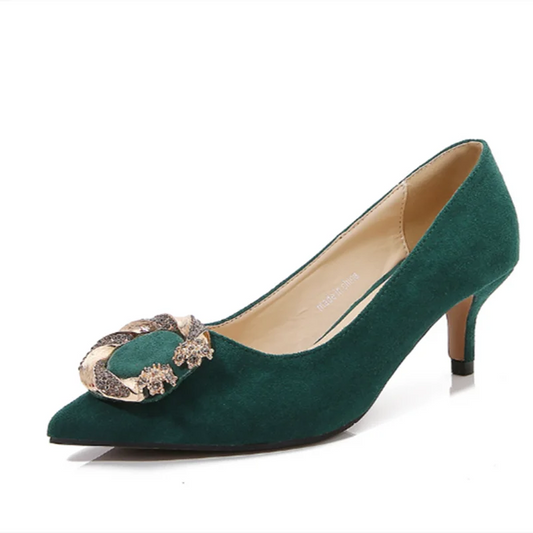 Lady 6cm Med Heels Flock Pumps Zapatos De Mujer Cinderella Diaomnd Pointy Toe To Match Shoes And Bag 46-35 Green Black Slip-Ons