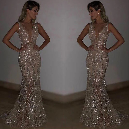Evening wear Dresses: Evening Dresses V-neck A-line Shiny Beading Celebrity