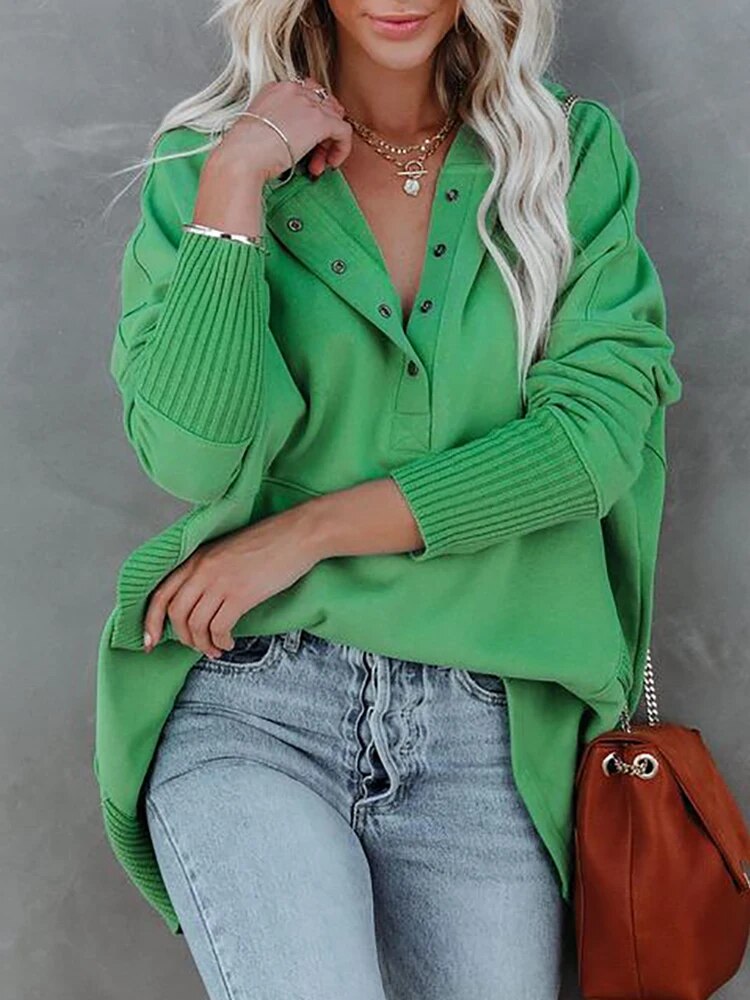 Pocket Pullovers Women Solid Spring Autumn Loose Long Batwing Sleeve Casual Hooded