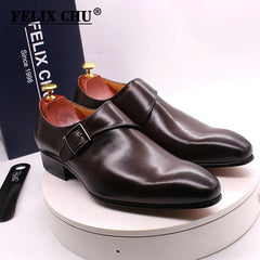 Brand Designer Mens Dress Shoes Classic Genuine Leather Buckle Monk Strap