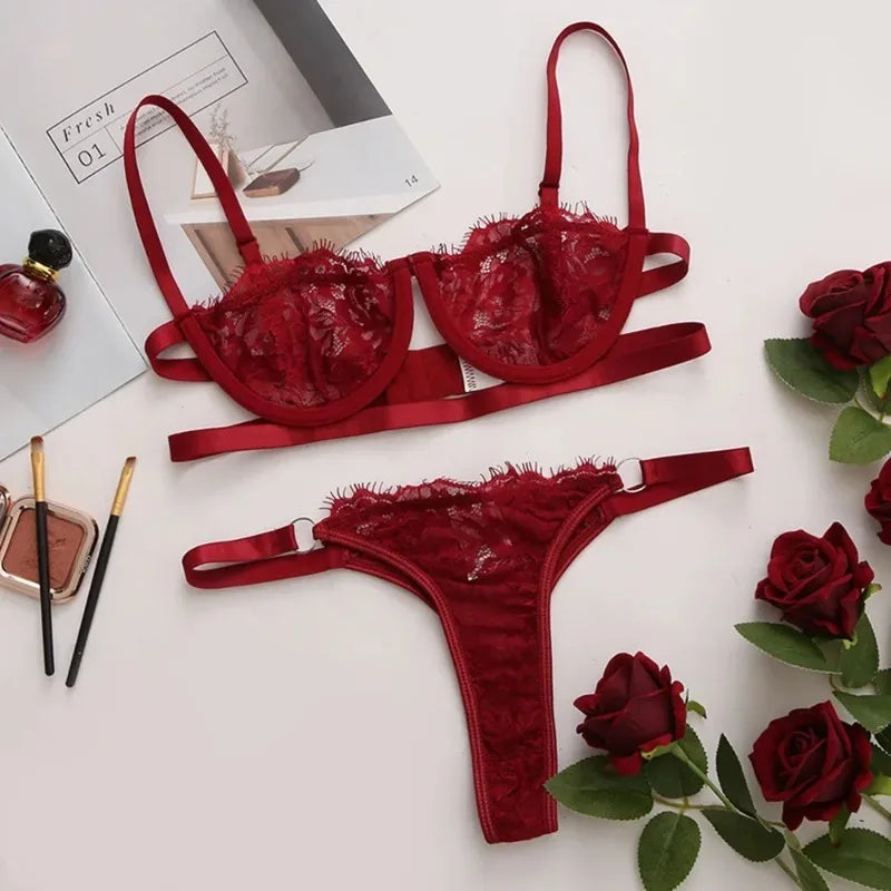 Lingerie Woman Lace Transparent Underwear Fairy Embroidery Brief Sets