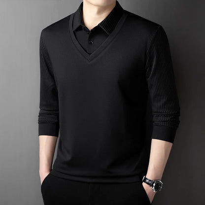 2025 New Men's Casual and Fashionable Long Sleeved Solid Color Fake Two-piece Polo Shirt Business All Season Versatile Top