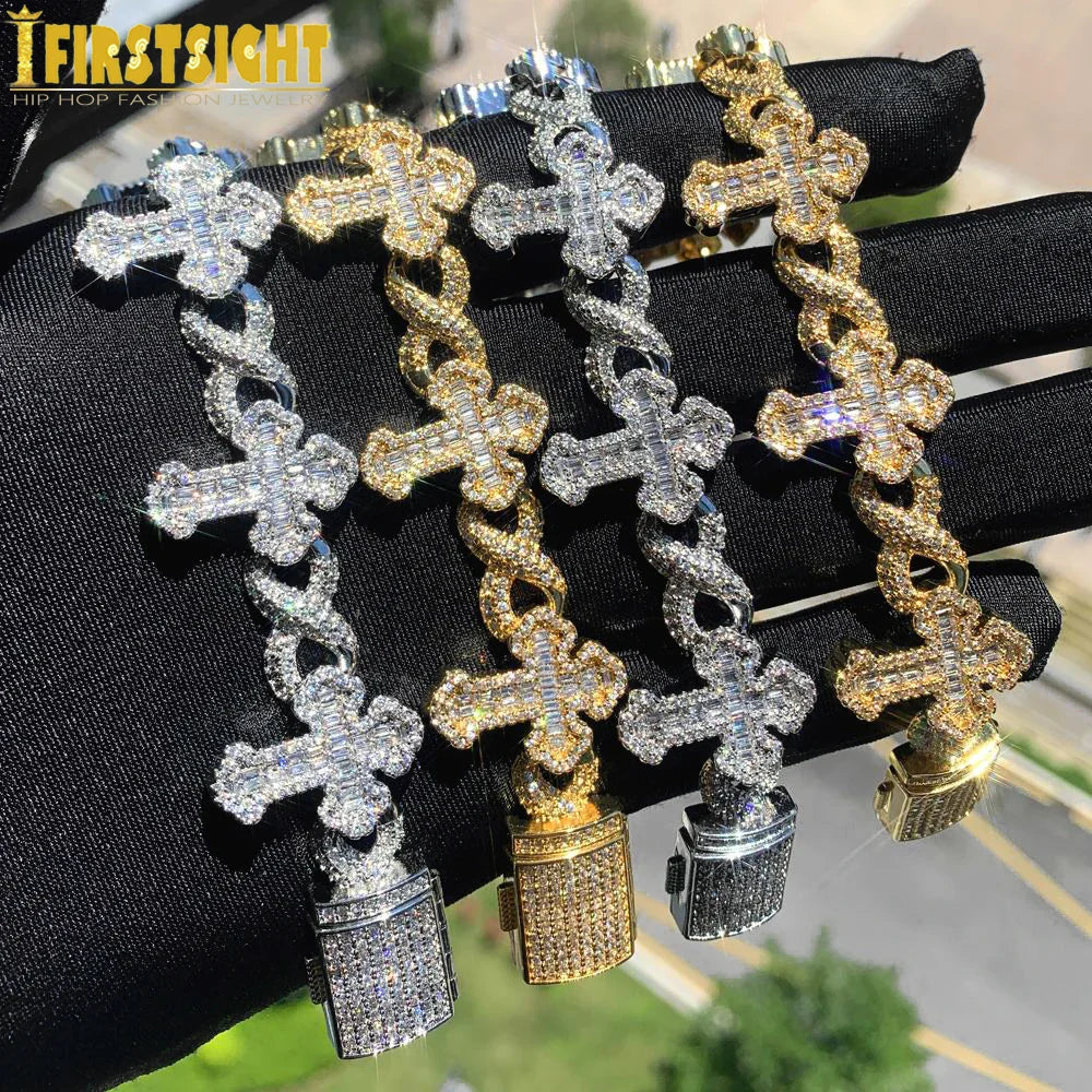 New Iced Out Cross Infinity Charm Bracelet Micro Paved Cubic Zirconia Cuban Chain For Women Men Hip Hop Rapper Jewelry