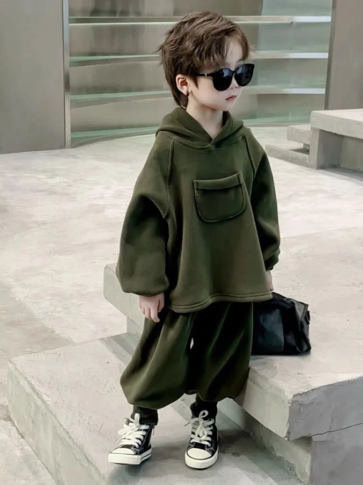 Boys' Cool-Style Autumn-Winter Polar Fleece Two-Piece Outfit