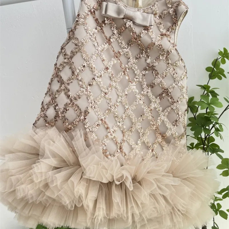 Baby Girl Princess Sequins Tulle Dress Sleeveless Infant Toddler Girl Vintage Bow Vestido Party Pageant Birthday Frocks 1-10Y