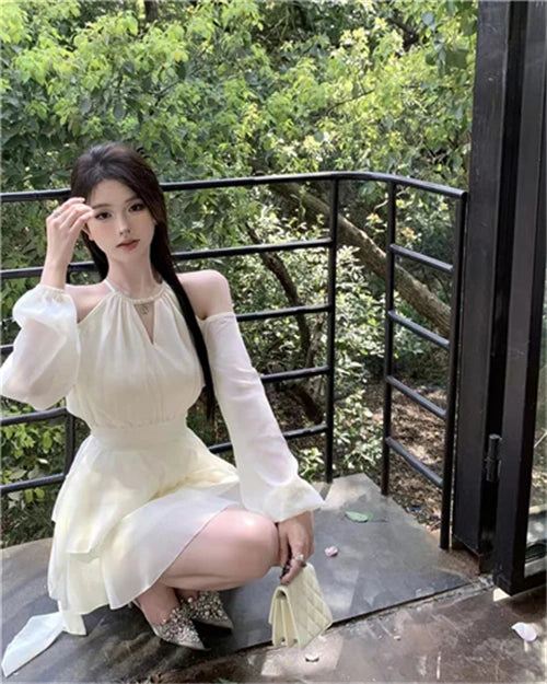 Dresses Women Hollow Out Design Chic Defined Waist Off-shoulder Ruffles Popular Long Sleeve Vestidos Gentle Sweet Spring Summer