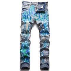 Men Print Jeans Streetwear Letters Lightning Painted Stretch Denim Pants Vintage