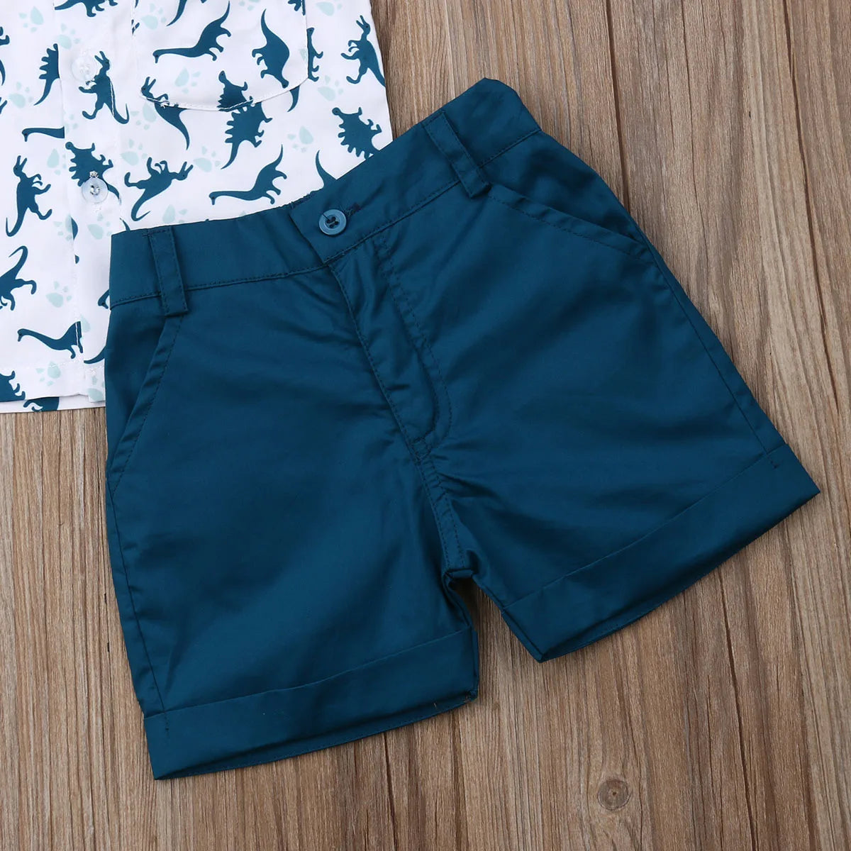 Summer Children Clothes Set Infant Cartoon Dinosaur Print Short Sleeve Shirt + Solid Color Shorts Kid Toddler Boys Outfit