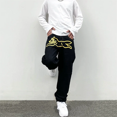 Hip Hop Flying Dog Print Jeans for Men High Street Straight Loose Wide leg Pants