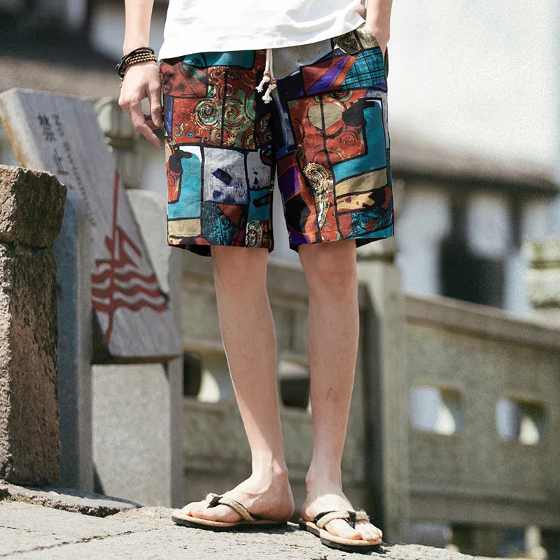 2026 Summer New Boutique Flower Cotton Linen Men's Casual Beach Shorts Men's Comfortable Breathable Leisure Shorts Male XXXXXL