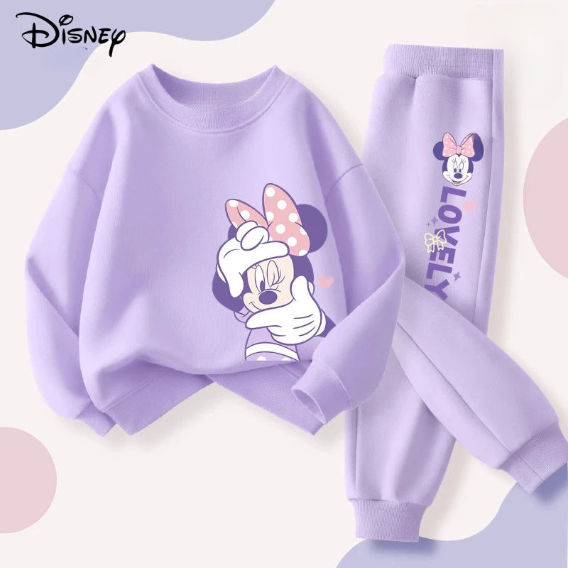 DISNEY Spring Autumn Children's Pullover Sets Minnie Print Girls Clothing Sets Breathable Thin Kids Sweatshirt Pant 2pcs Suit