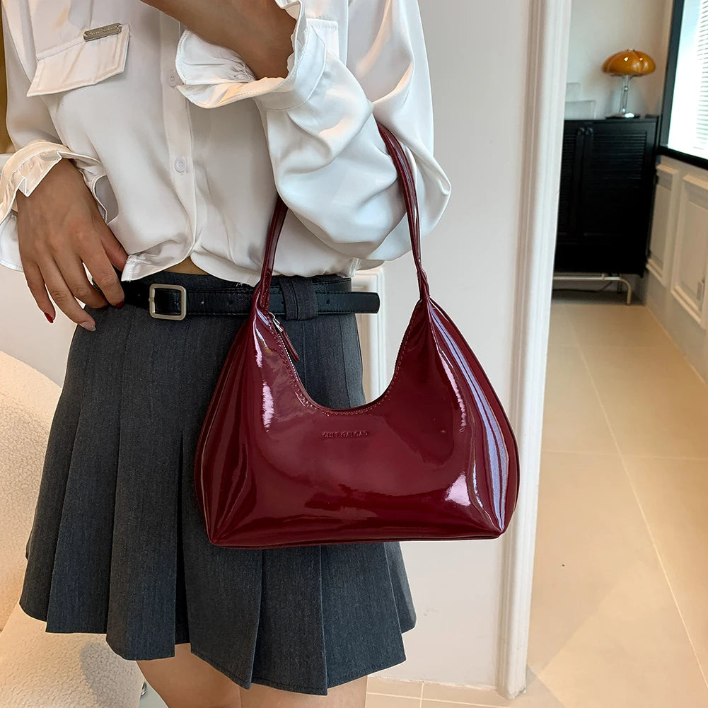 Women's Bag Patent Leather Tote Bag Fashion Shoulder Bag Versatile Crescent Bag
