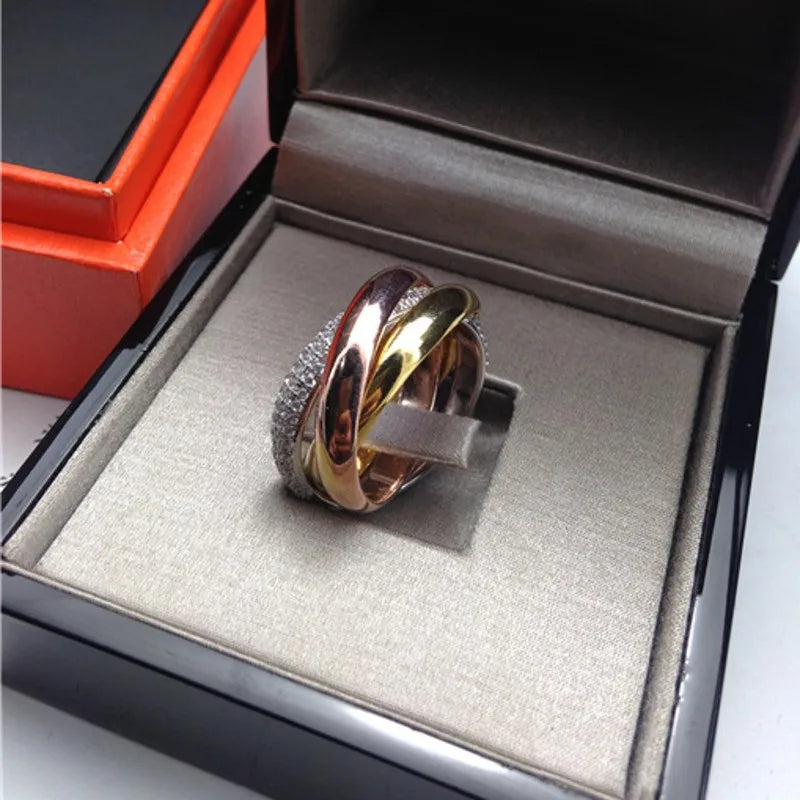Triple Circles Gold/Rose Gold/Silver Ring Three Colors Luxury Jewelry Silver Color Pave CZ Ring Women Wedding Finger Rings Gift