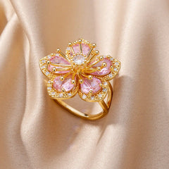 Pink Zircon Flower Rings for Women Gold Color Stainless Steel Ring 2024 Trend Elegant