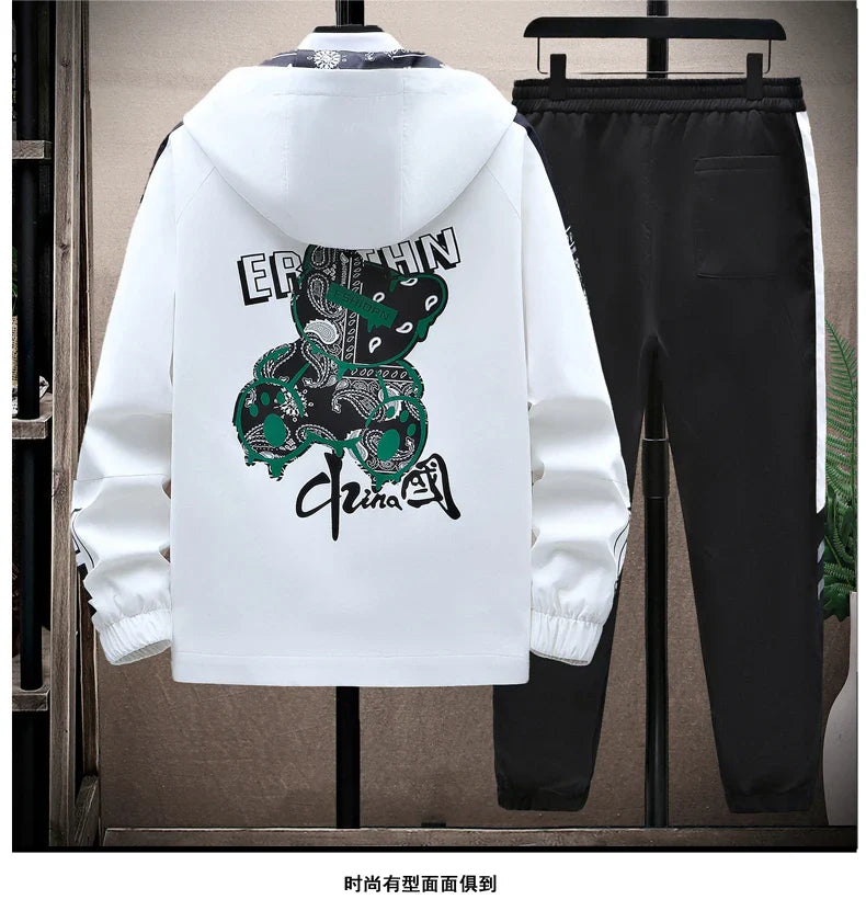 Spring Men Sportswear Tracksuit 2 Piece Running Sets Sports Hooded Jacket+Pant Sweatsuit Male Print Clothing Streetwear