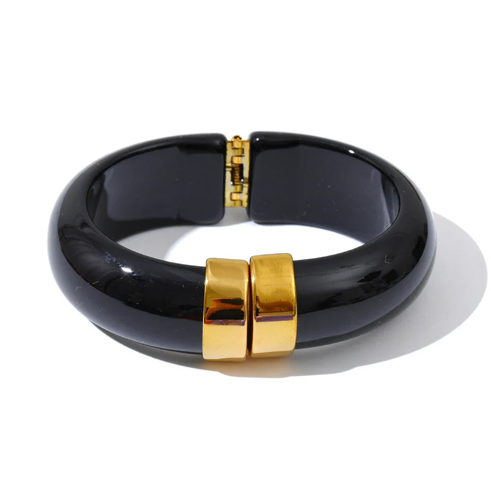 Yhpup 66mm Green Pink Brown Purple Acrylic Thick Bracelet Bangle for Women Stainless Steel Arrivals 2025 Wrist Jewelry Gift