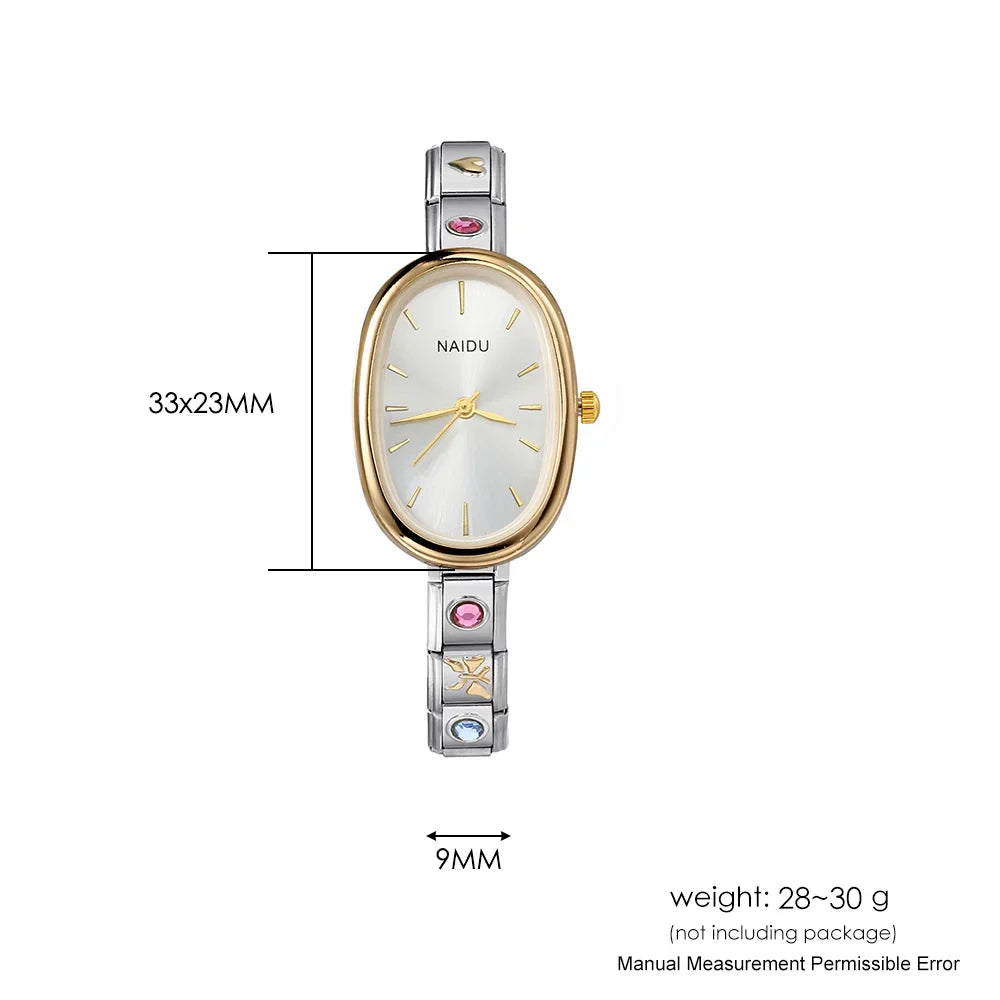 GEMOSA Modern Oval Casual Vintage Design Quartz Watches Women Ladies Stainless Steel Width 9mm Strap Party Birthday Perfect Gift