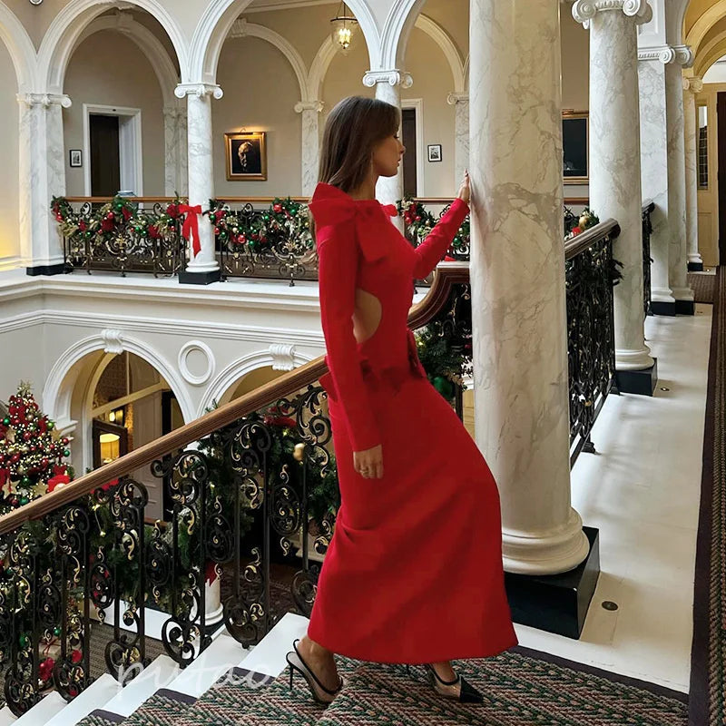 Homecoming Dresses: Long Red Prom Dresses With Bow Mermaid Cocktail Party Dress