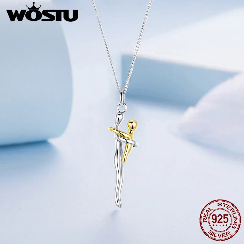 WOSTU Real 925 Sterling Silver Hug Embrace Pendant Necklace Silver Gold Two-tone Mom & Child Pendant Family Gift  Mom Jewelry
