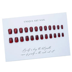 24pcs Dark Red Fake Nails Square Head Cat Eye Nail Press on Nails Faux Fingernails Christmas False Nails Acyrlic Simple Manicure