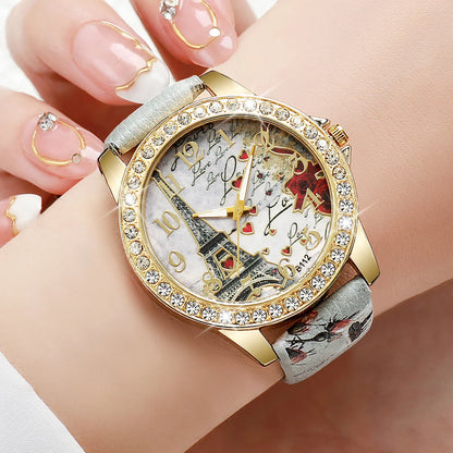 Fashion Rhinestone Women's Watch Arabic Dial Leather Band Quartz Watches（Without Box）