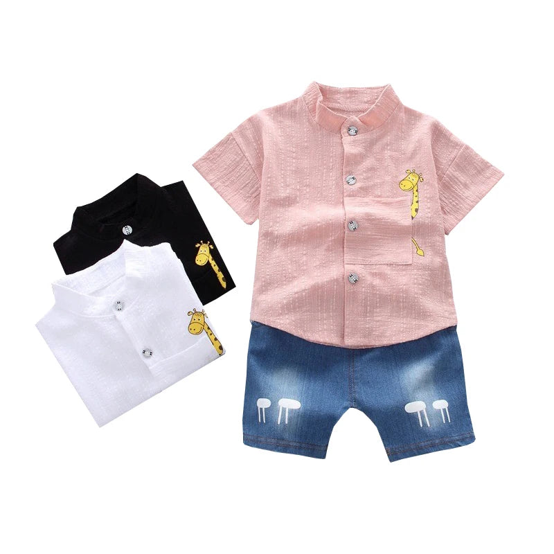 New Summer Hot Sale Toddler Kids Baby Boys Shirt Cartoon Tops Denim Shorts Pants Outfits Set Baby Clothes