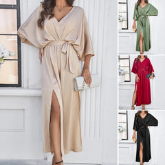 Elegant V-neck Loose Dress for Women Wedding Party Dress Up Long Solid Office Lady