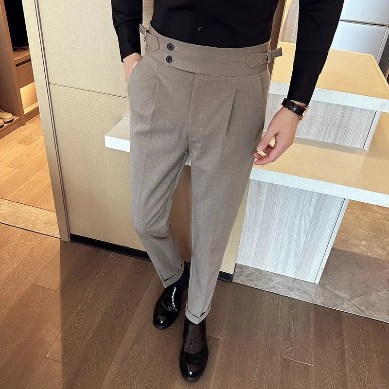 Autumn Winter High Waist Business Dress Pants Men Casual Belt Design Slim Suit Pants