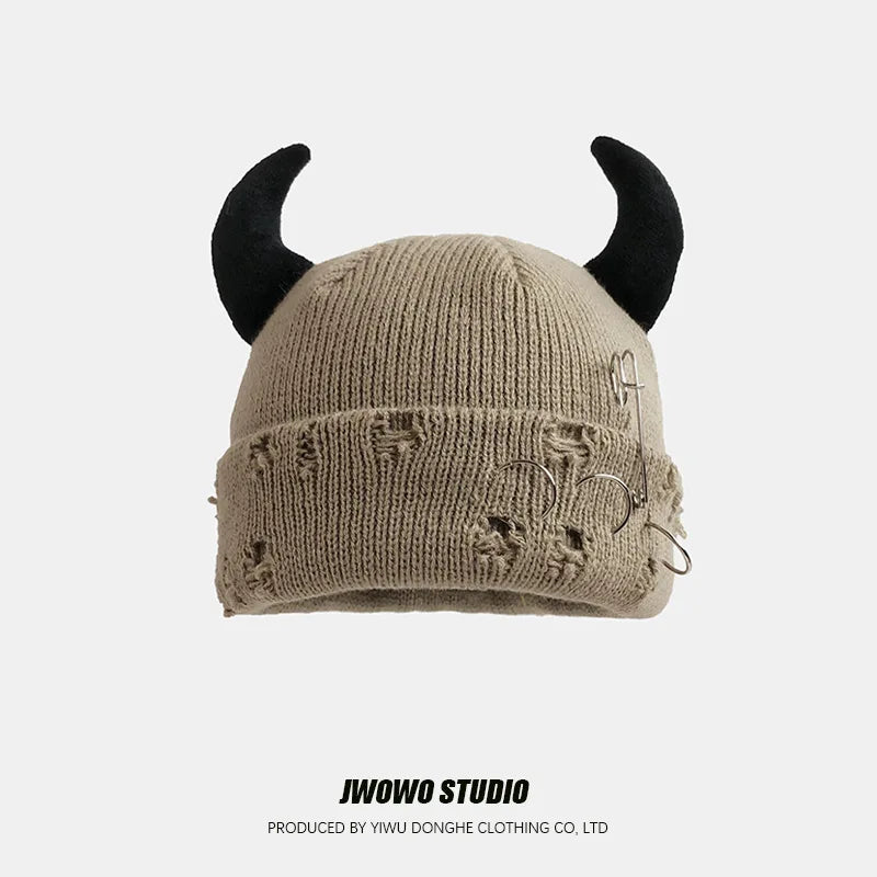 Unisex Knitted Beanie With Devil Horns Halloween Distressed Skull Cap Hip Hop Winter Warm Yarn Hat For Men Women