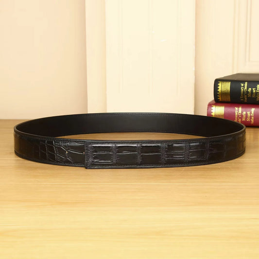 3.8 wide punched men's cowhide leather belt, high-end fashion trend crocodile pattern genuine leather belt without buckle durabl