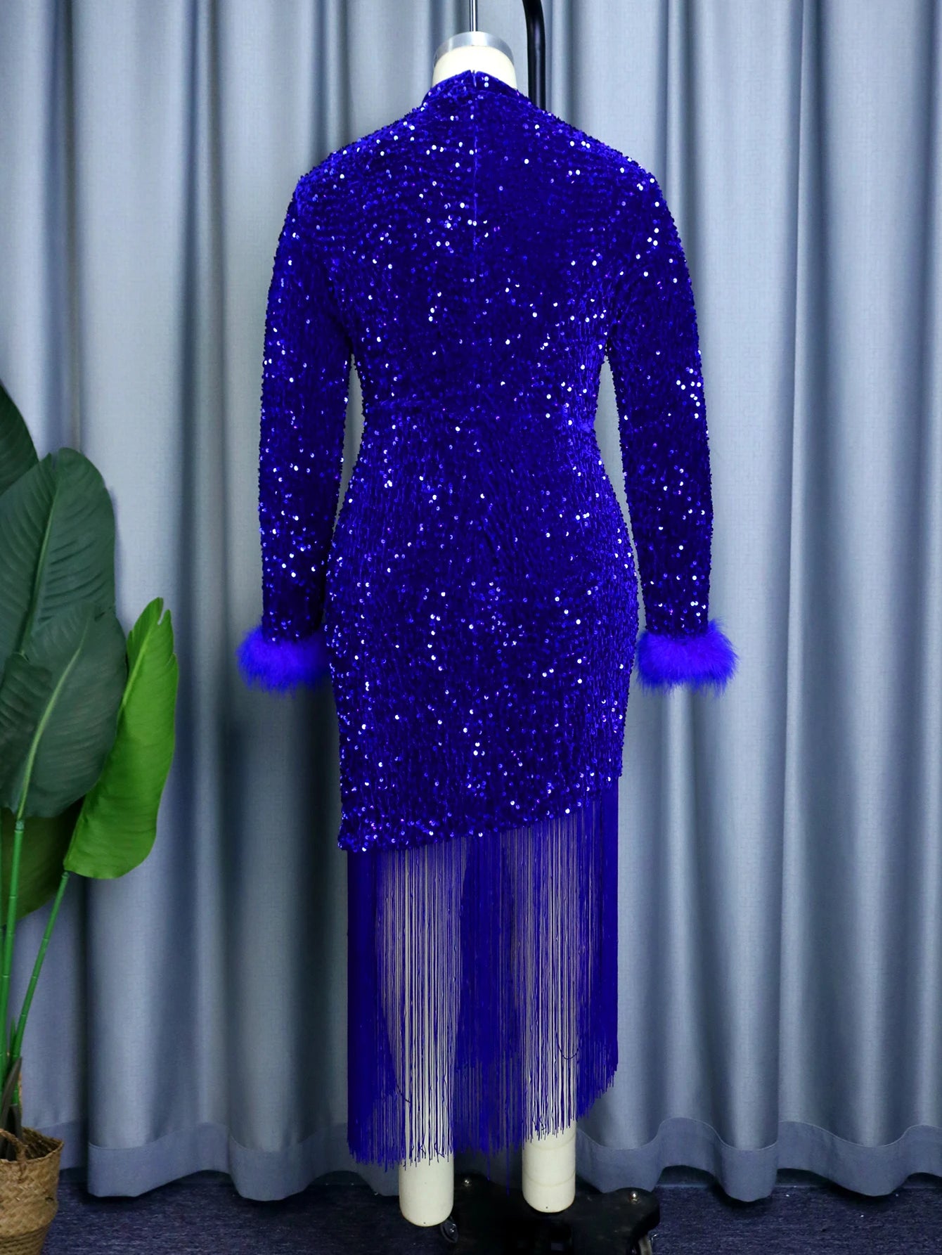 Evening wear Dresses: Women Long Sleeve  Feather Tassel Gown