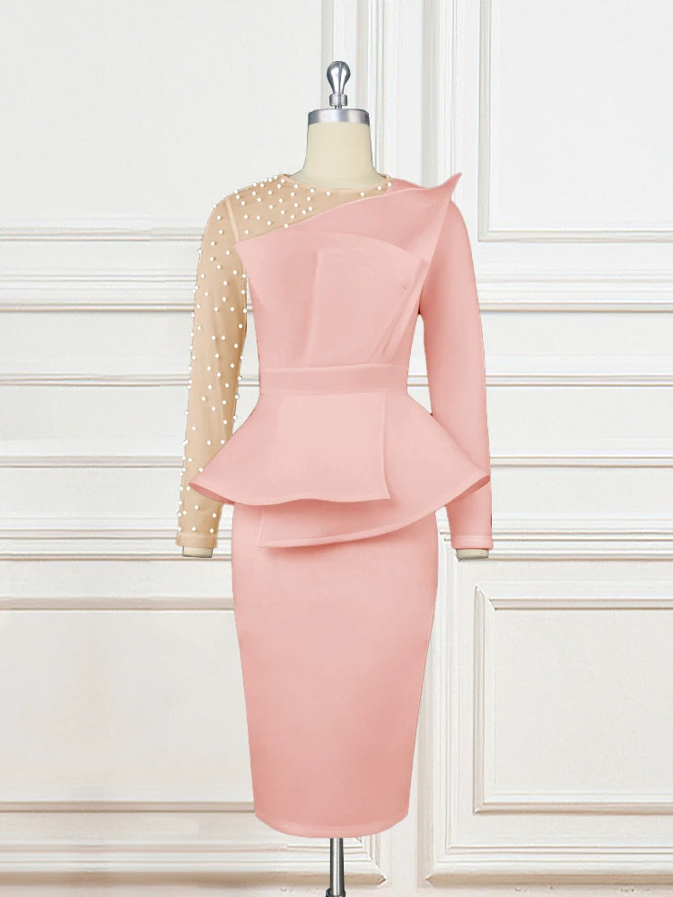 Formal attire Dresses: Women Long Sleeve Beaded Mesh Patchwork Peplum Dresses